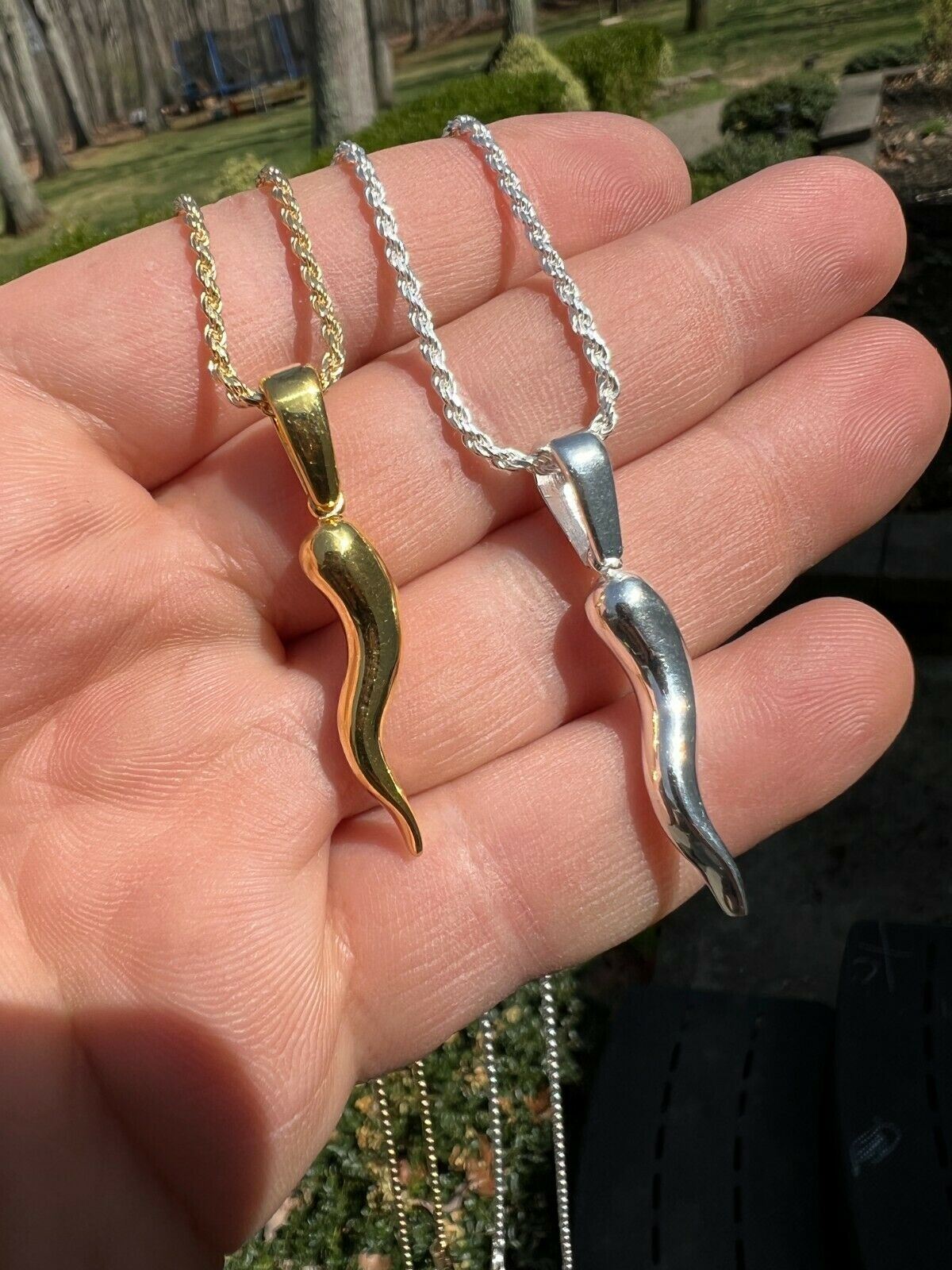 Real 925 Silver / Gold Plated Italian Cornicello Horn Pepper Pendant Necklace
