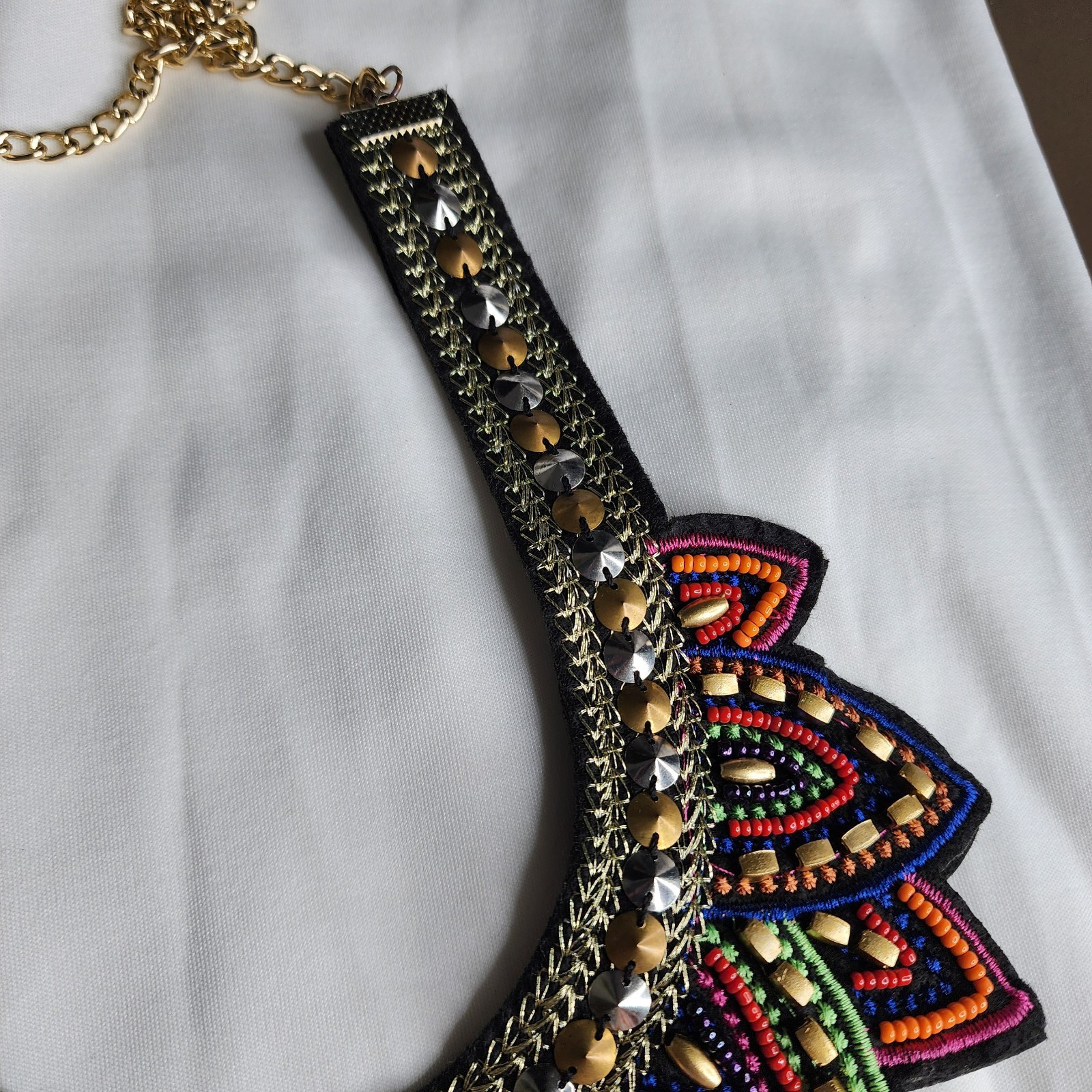 Big Beaded Tribal Collar Necklace Black Multi Brass/Silver Statement Choker Bib