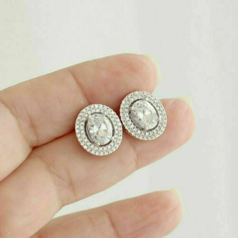 2.25Ct Oval Cut Simulated Diamond Double Halo Stud Earring 14K White Gold Plated