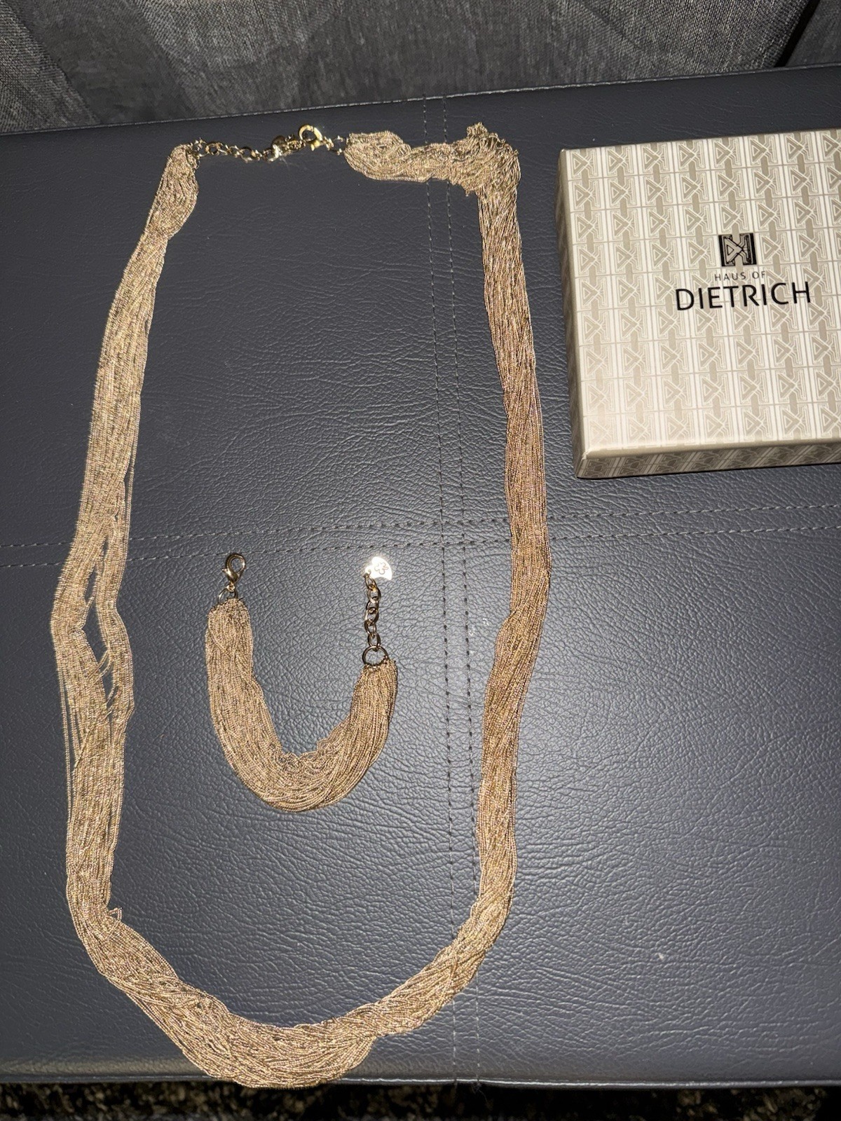 HAUS OF DIETRICH CHARLOTTENBURG SET SILK LONG NECKLACE & BRACELET GOLD TONE NEW