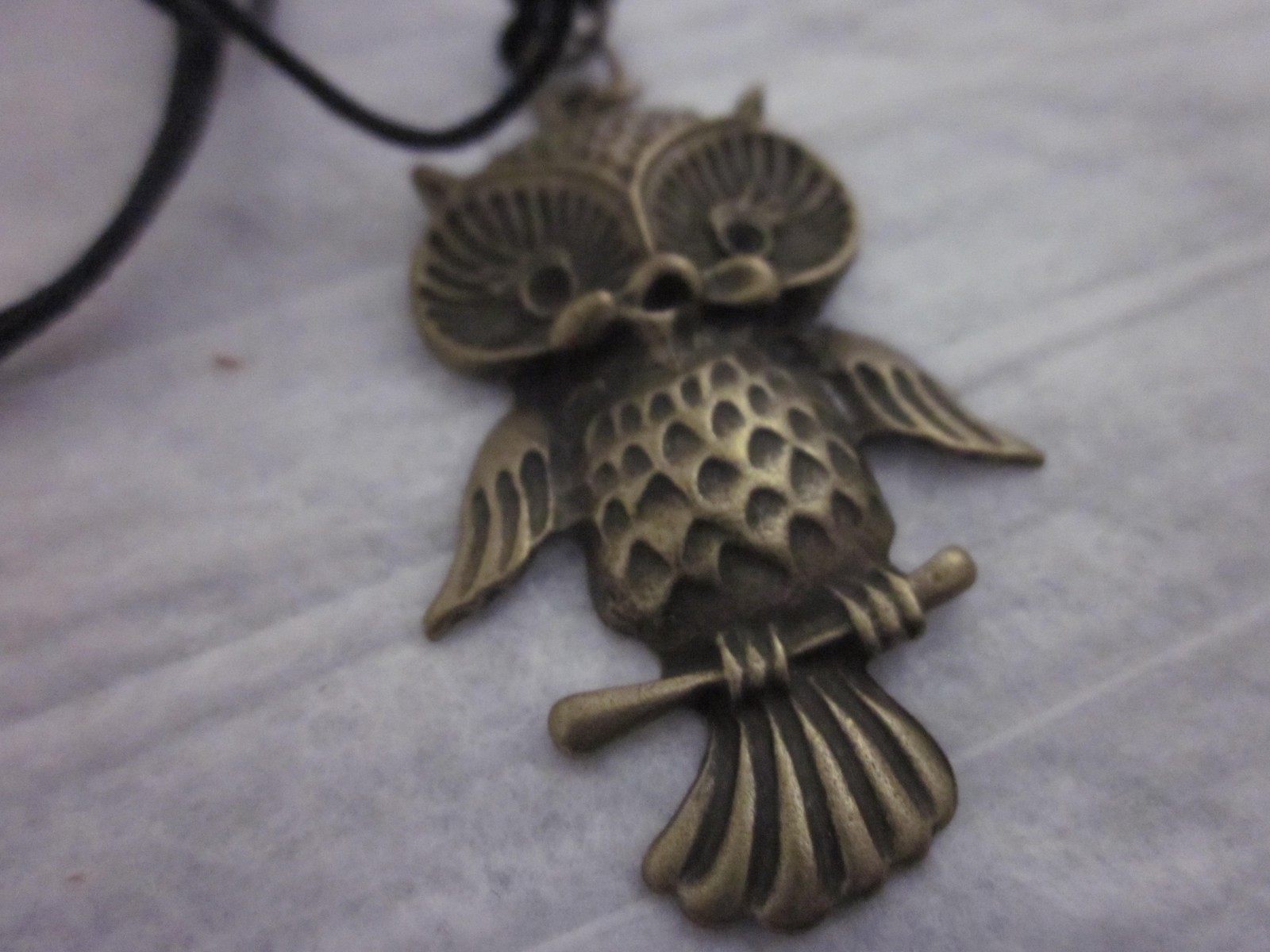 Stamped brasstone metal Owl pendant black cord necklace approx 30″ adjustable