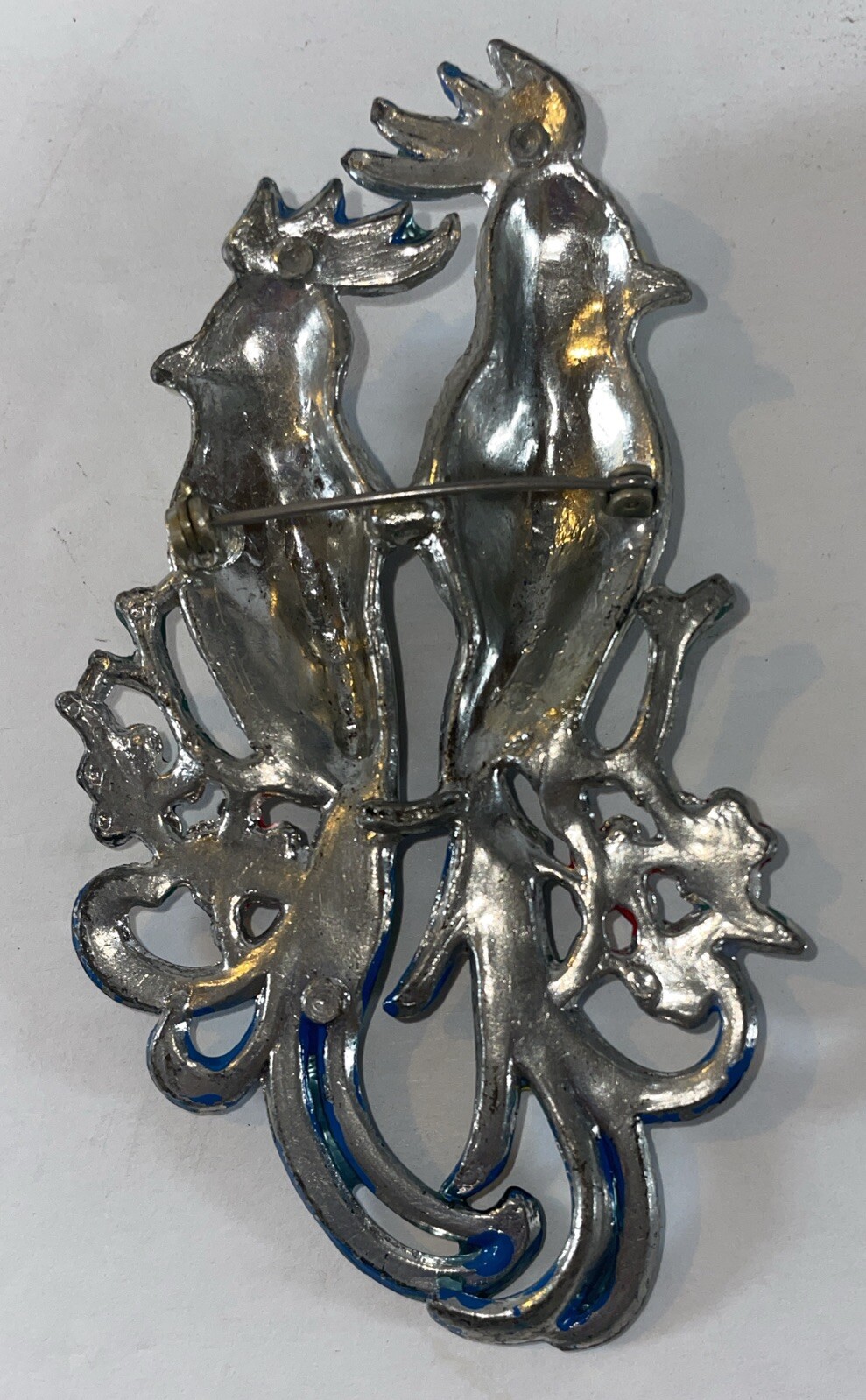 Vintage 1940s Coro Silver Tone Parrot Enamel Duette Brooch 3-3/4” Pin Unsigned