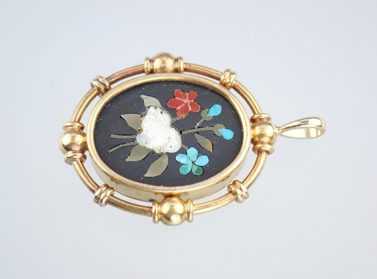 Fine Antique VICTORIAN Solid 18k Gold PIETRA DURA Mosaic Floral MOURNING PENDANT