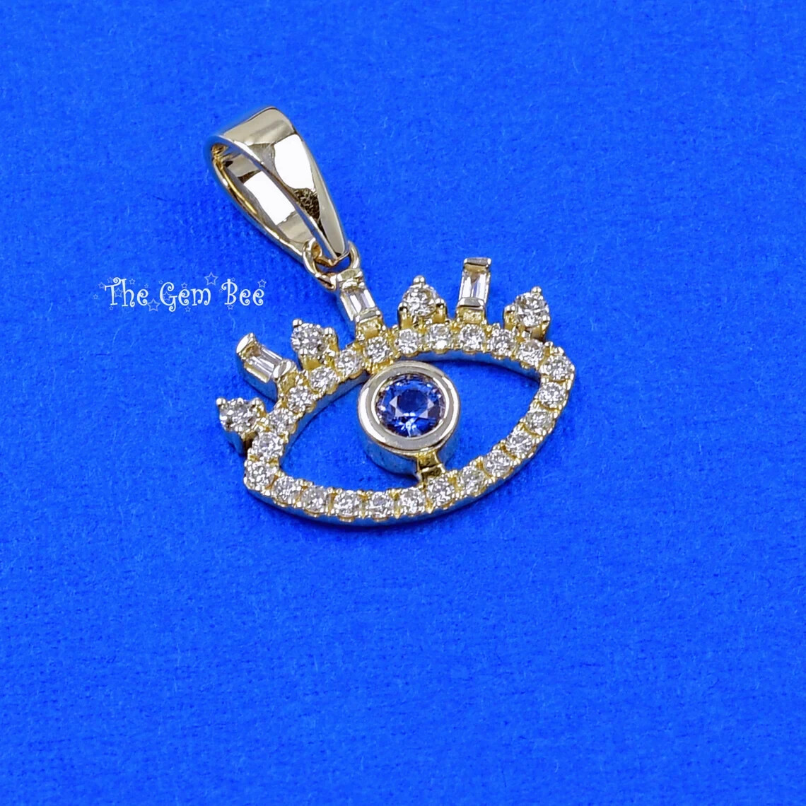 14.2mm 14K Yellow Gold Diamond blue Sapphire Evil Eye Protection Charm Pendant