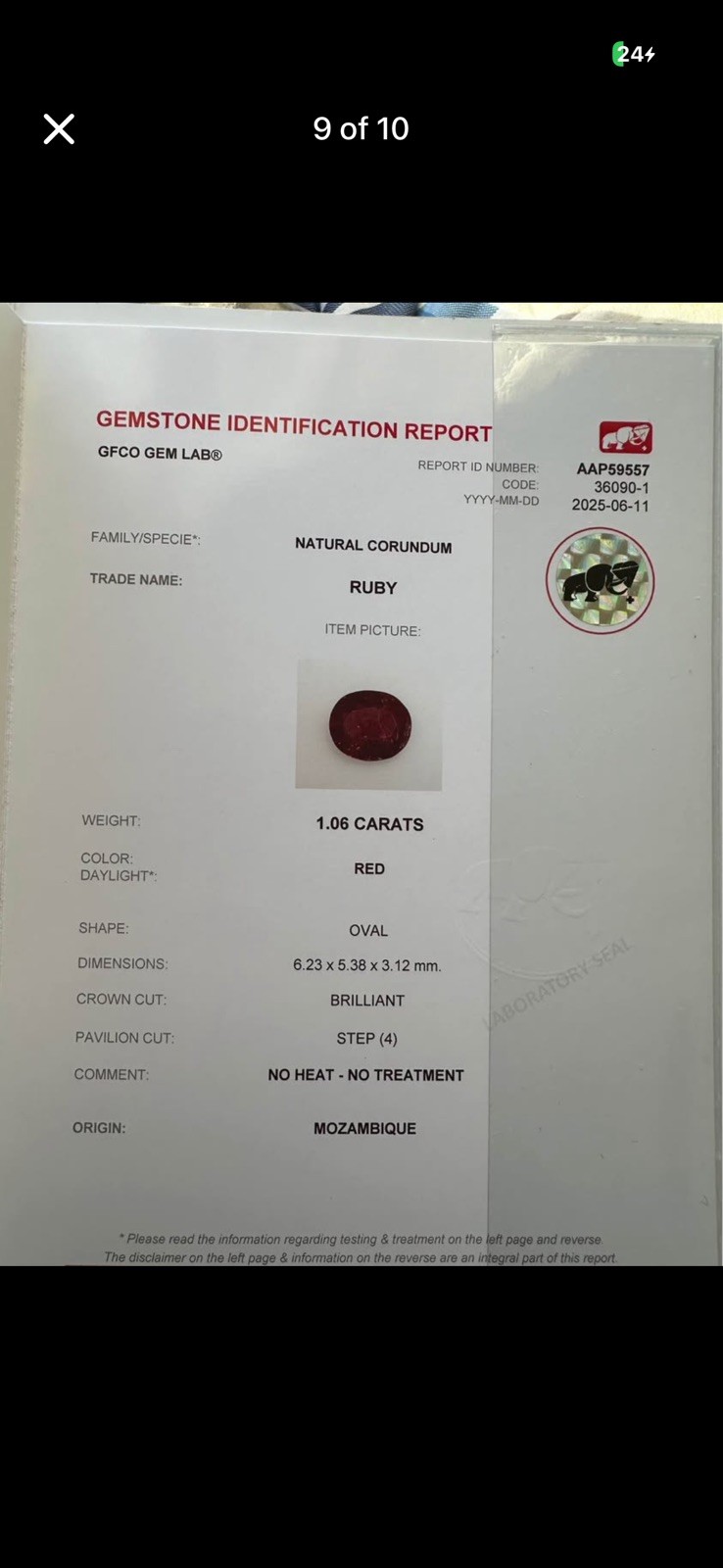 1.06ct Ruby Certified Unheated Natural Red Faceted Oval Cut Gem From Mozambique