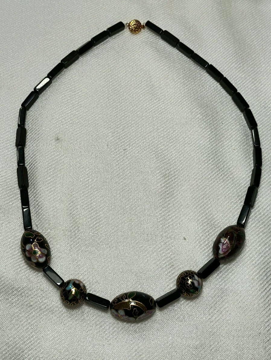 Vintage Black Onyx Cloisonne Beads Beaded Necklace 20 In ➡️ DESCRIPTION