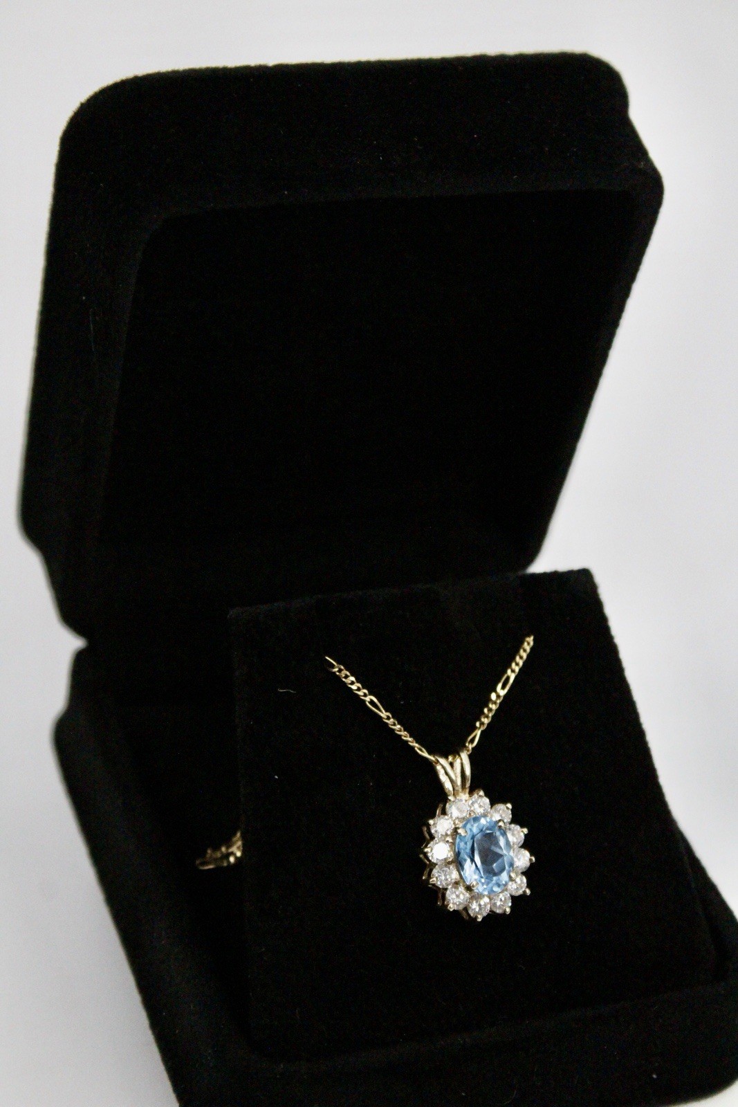 Blue Topaz Halo Pendant, 3.63 Carats 10K Gold