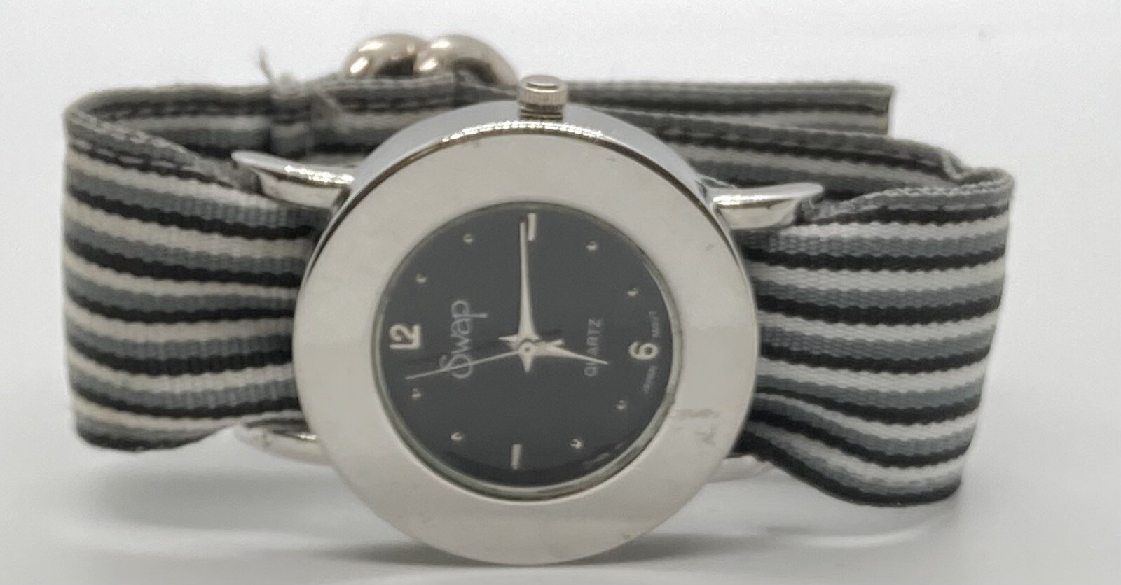 SWAP WATCH Ladies New Battery Blue/White Fabric EZ Changeable Strap NICE!