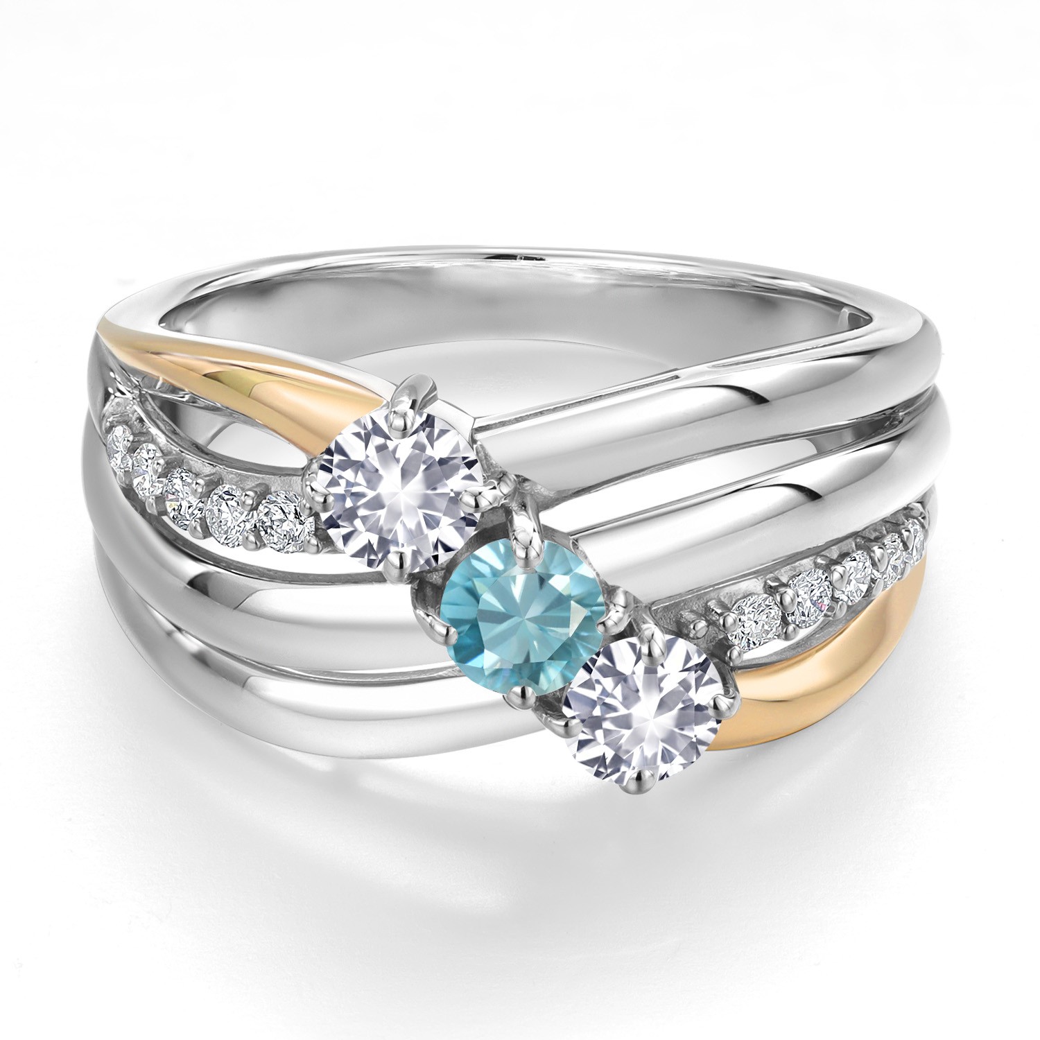 925 Silver and 10K Yellow Gold White Created Sapphire and Blue Zircon and Lab