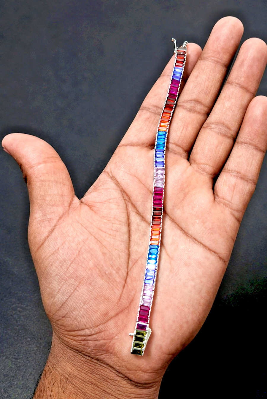 Rainbow Baguette Tennis Bracelet Colorful Stone Women Gift Jewelry