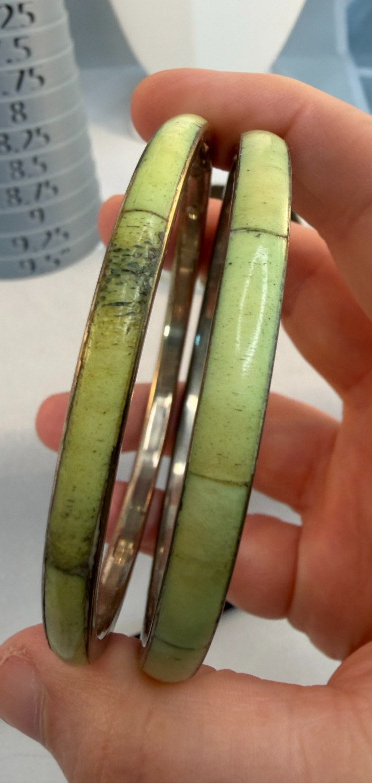 Vintage 1970s Brass Bangle Stack Mother of Pearl Dyed Bovine Inlay Boho Green