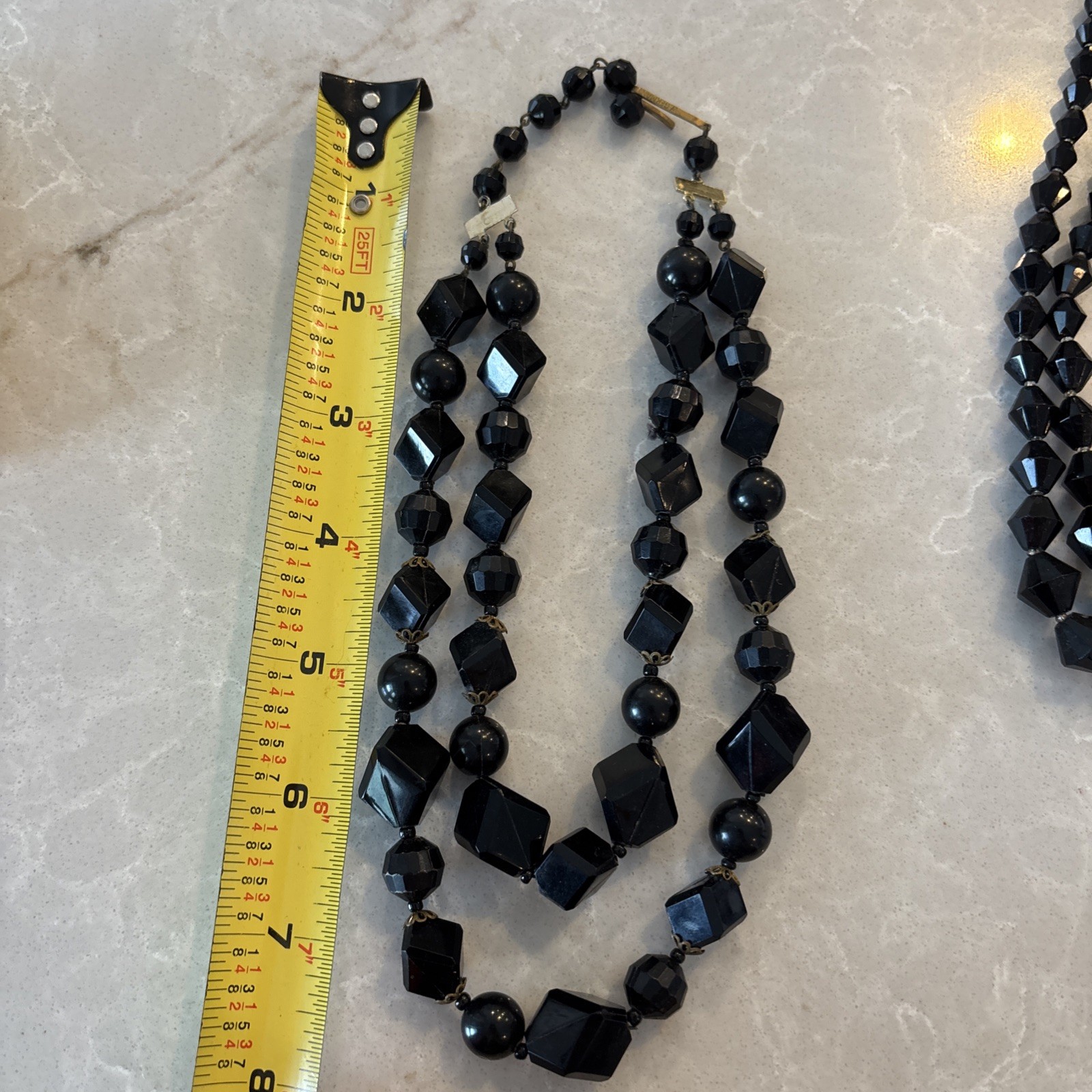 Vtg Art Deco Jet Black Chunky Resin Bead 2 Strand Geometric Cube Necklace F18