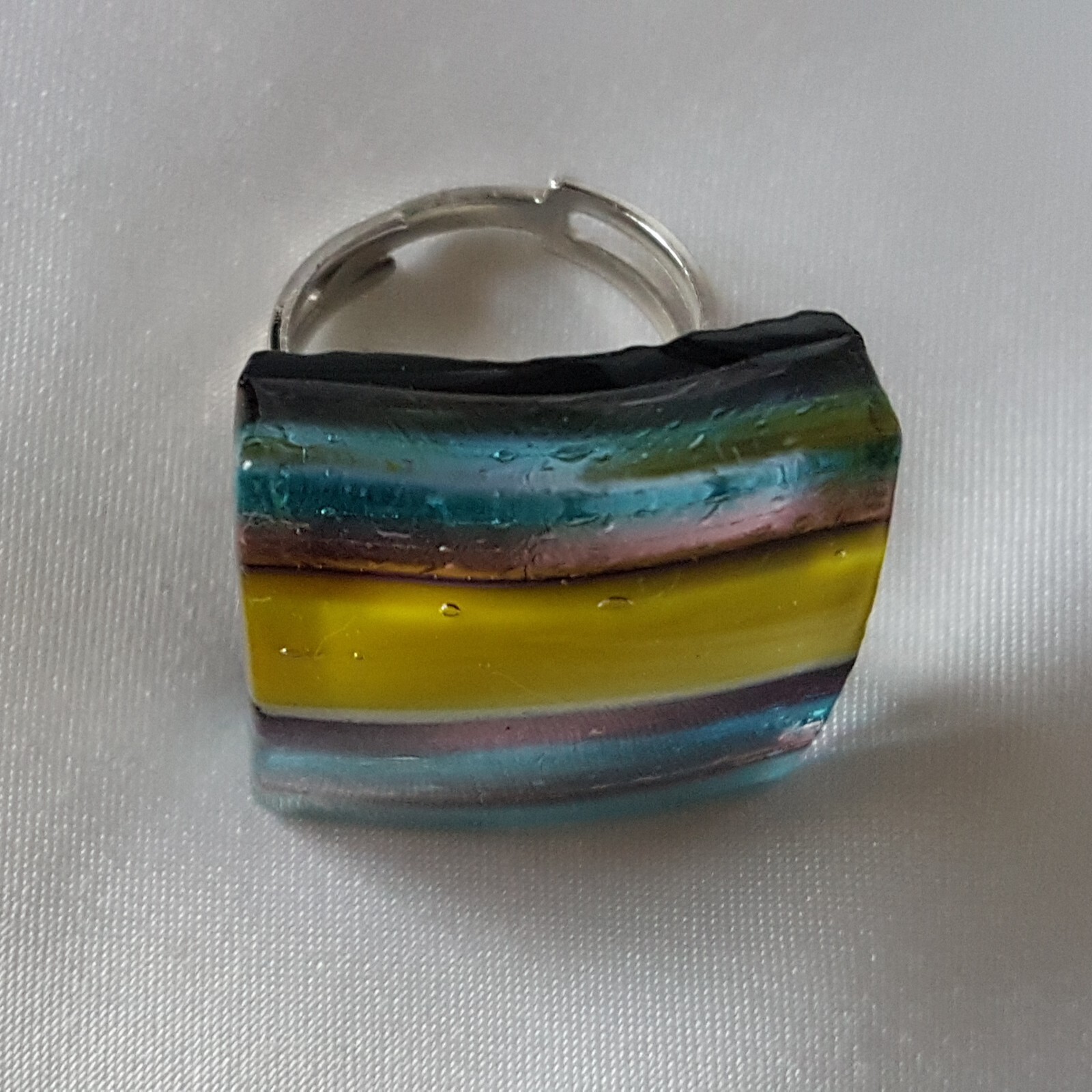 Ring ~ Blue, Brown, Yellow Stripes ~ Glass & Chrome ~ UK Size M 1/2 (Adjustable)
