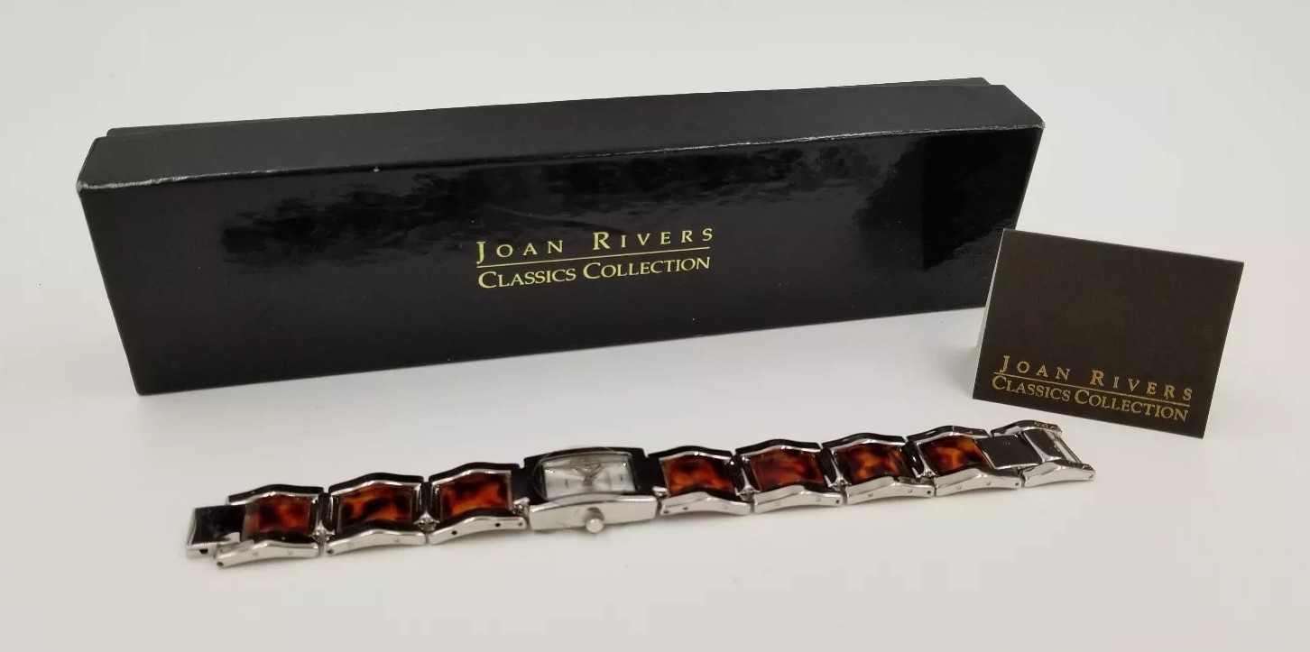 NEW IN BOX JOAN RIVERS CLASSICS COLLECTION SILVER WATCH AMBER SHELL DESIGN