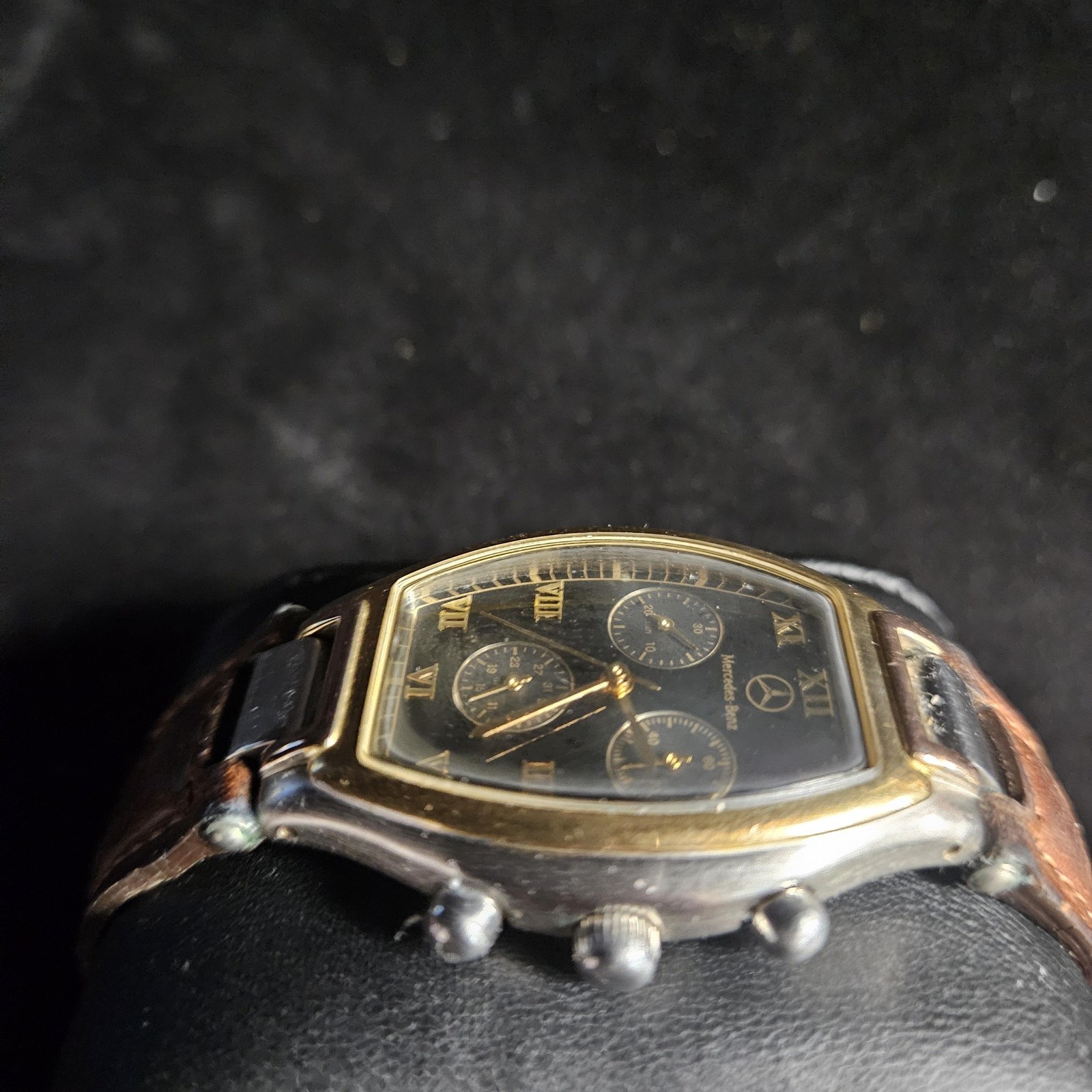 VTG Mercedes-Benz Watch Mens 34mm Black Dial Brown Leather Chronograph Date