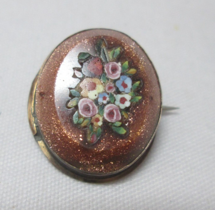 Tiny Antique Pietra Dura Floral Design Set in Goldstone Pin Brooch