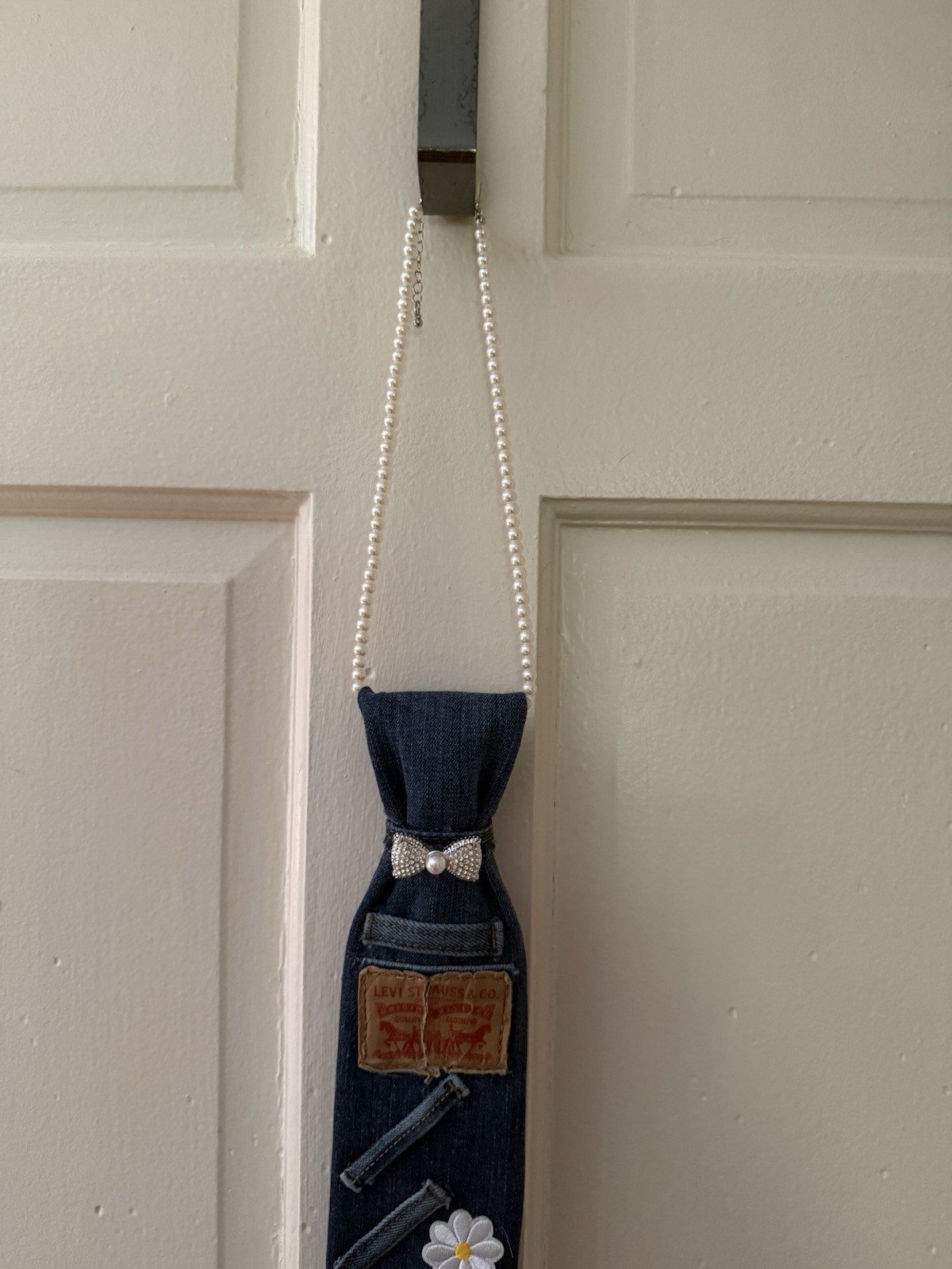 Denim Tie Pearl Necklace Customized With Bling & Levi’s Patch Handmade Unique