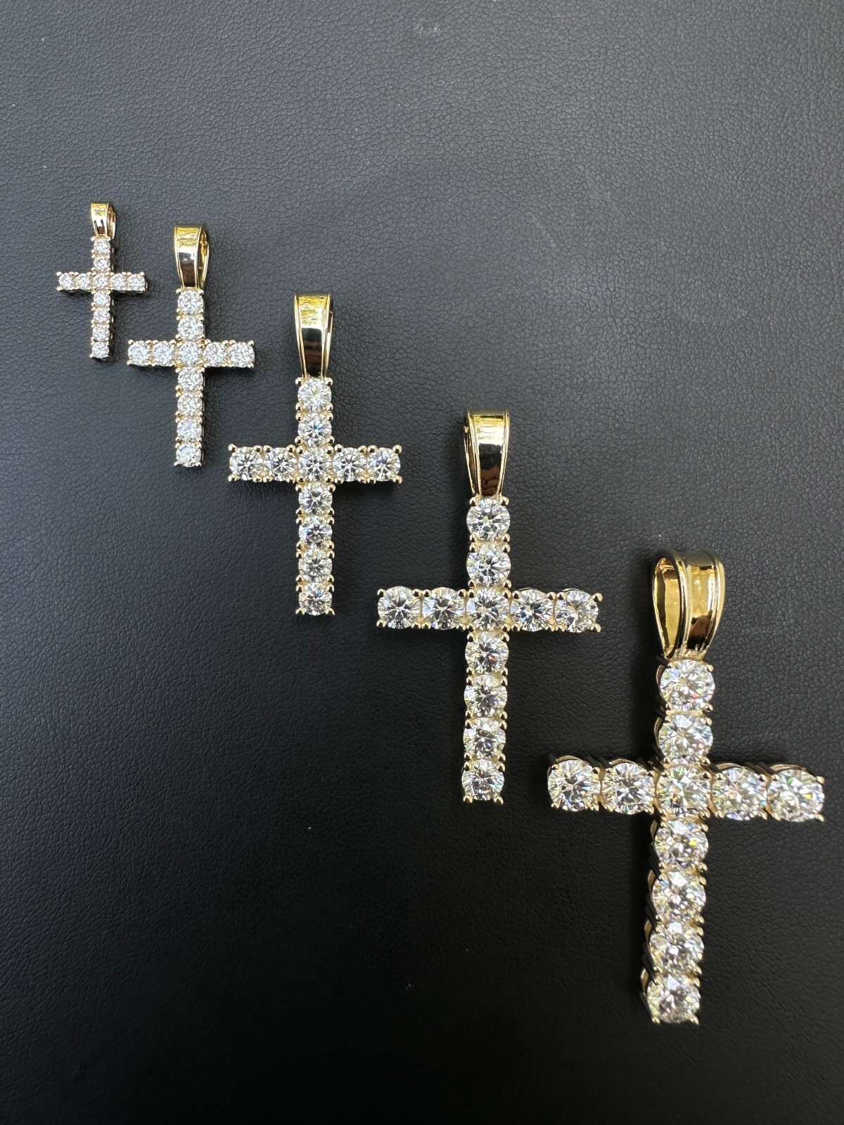 Real MOISSANITE Solid 10k Yellow Gold Iced Tennis Cross Pendant Necklace 5 Sizes