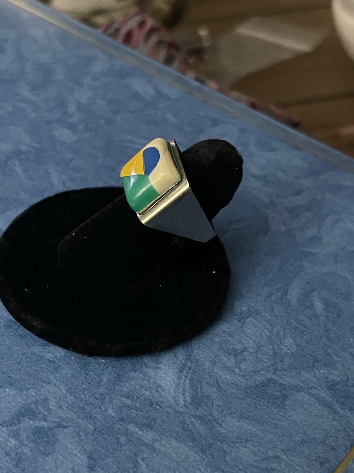 MCM Vintage Metal And Enamel Art Deco Ring With Square Band Size 4.5 Unique