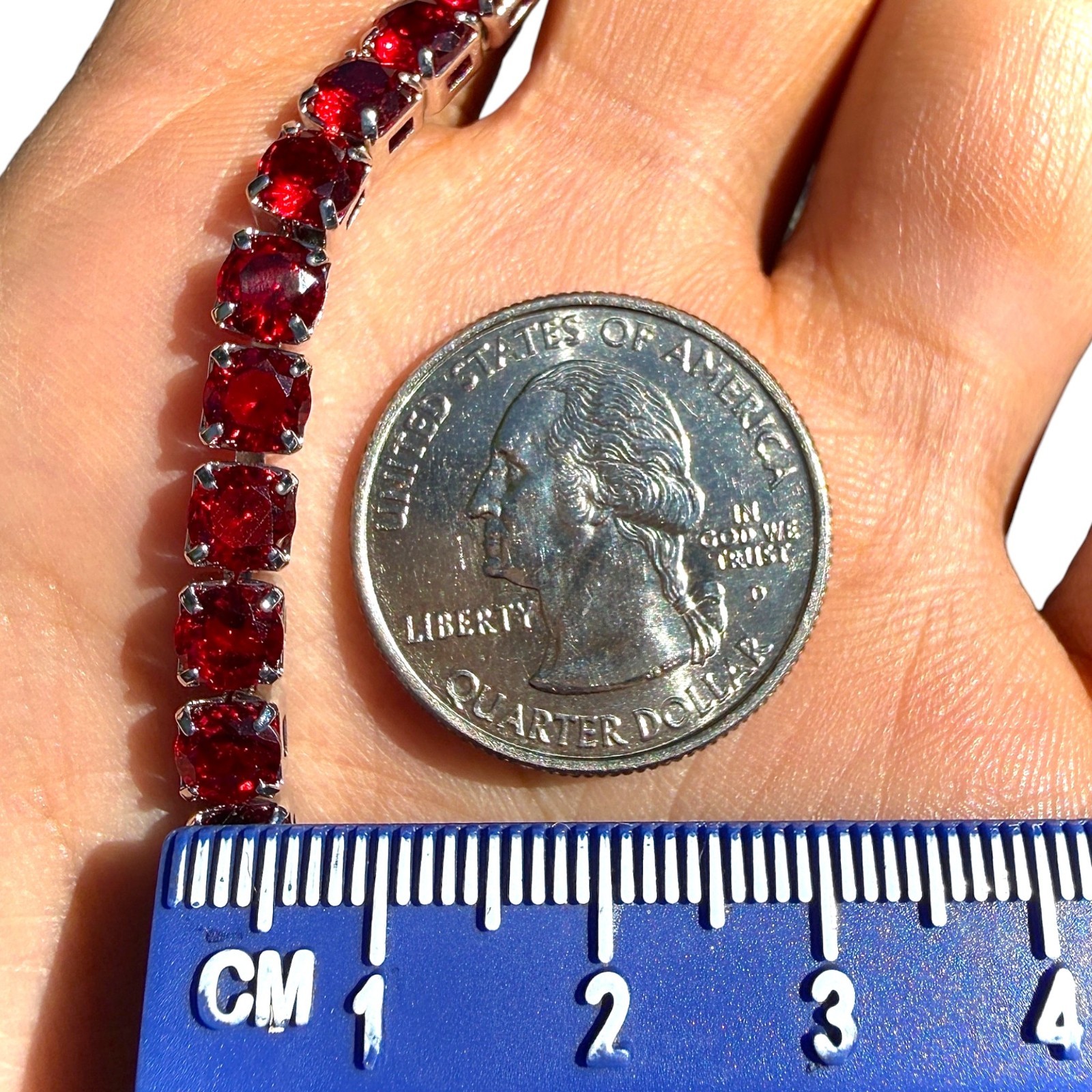 Tennis Bracelet Red Stones Silver Plated 6.7in 7.5in Dainty