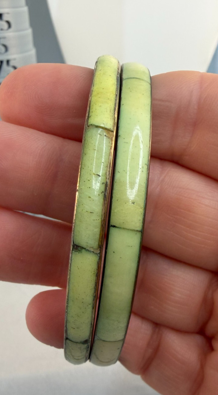 Vintage 1970s Brass Bangle Stack Mother of Pearl Dyed Bovine Inlay Boho Green