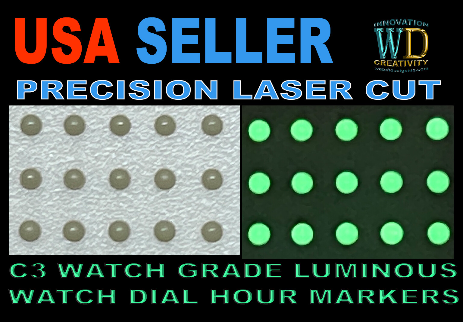 Watch Dial Hour round Markers 12 pcs Blue Green LUMINOUS Numerals dots indices
