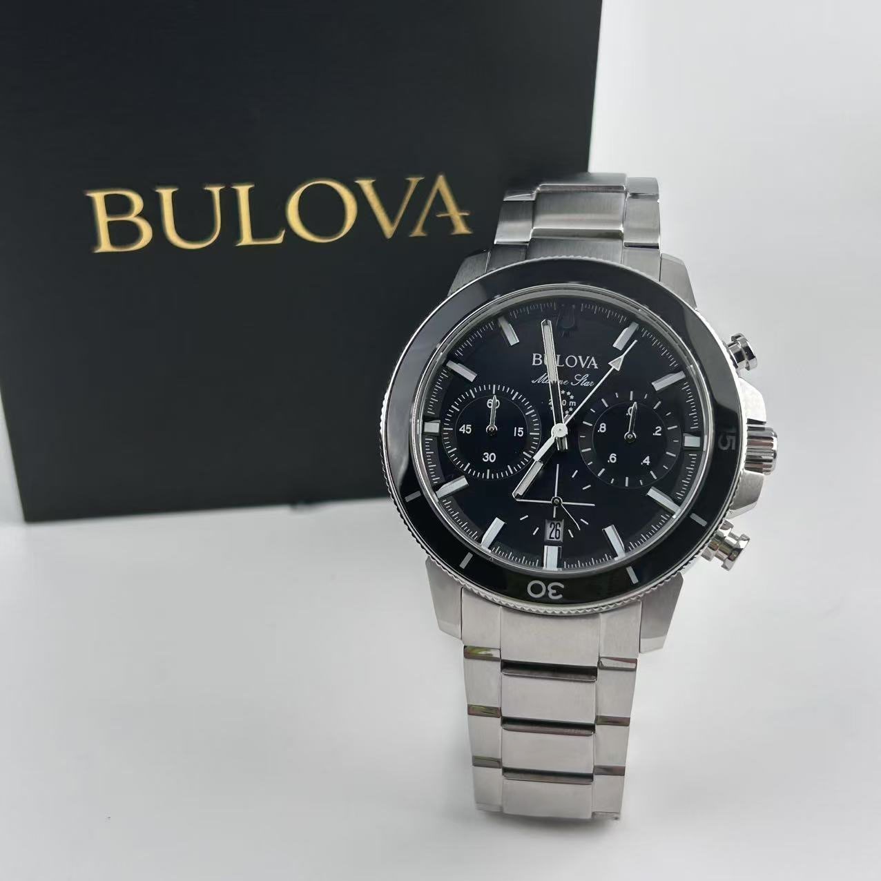 New Bulova Marine Star 96B272 Black Dial Stainless Steel Men’s Quartz Watch 45mm