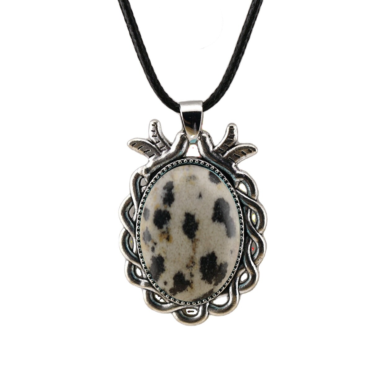 Natural Gemstone Oval Pendant with Lace and Bird Feather Wrapped Necklace