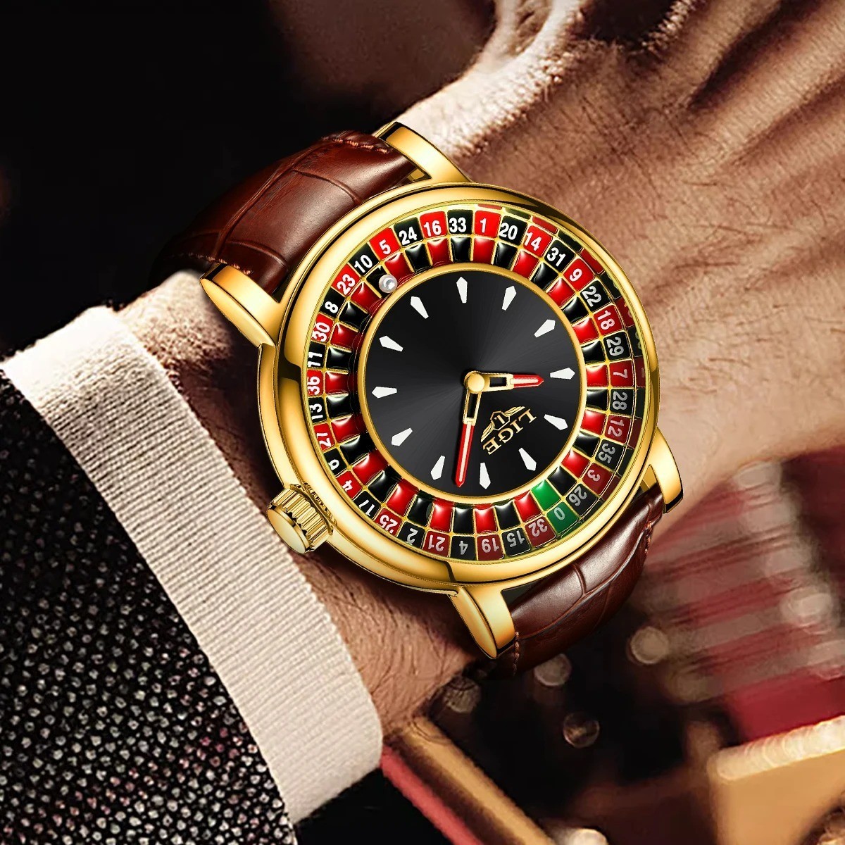 LIGE Men’s Roulette Casino Quartz Watch 49mm Rotating Dial Luminous Waterproof