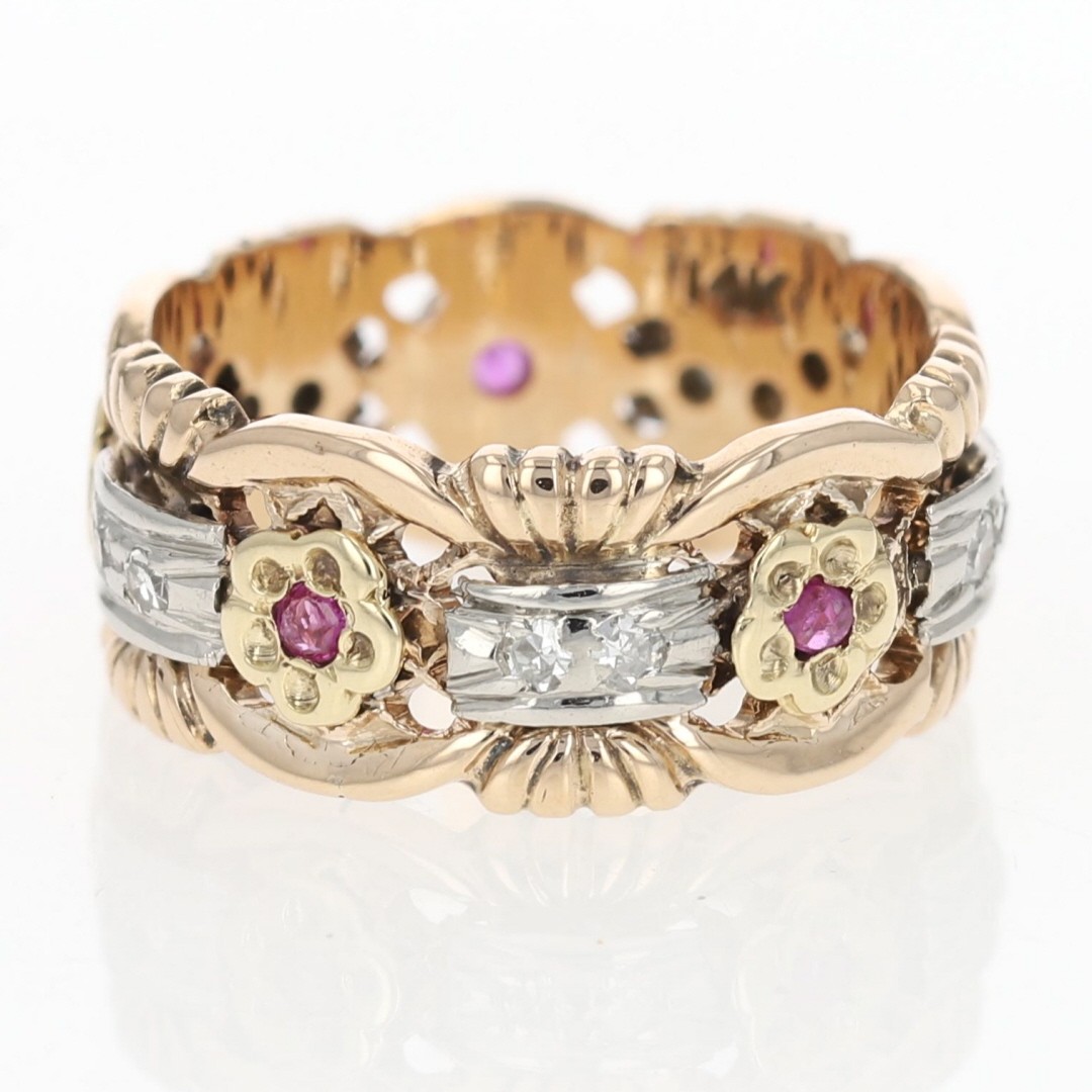 .31ctw Ruby and Diamond Flower Design Eternity Band 14k Multi-Tone Gold Size 7.5