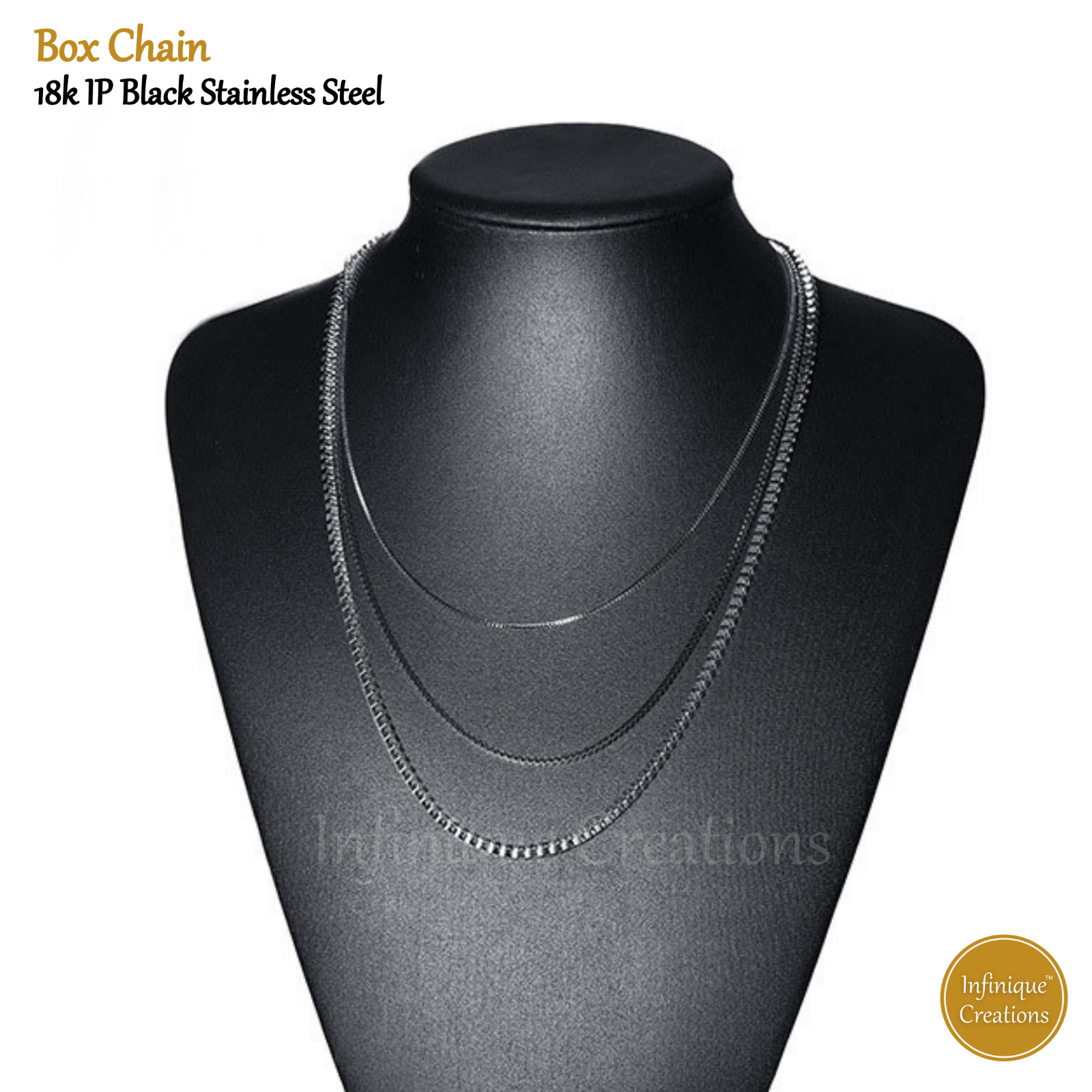 18K IP Black Gold Stainless Steel Box Chain Bracelet Necklace Men Women 1mm-4mm