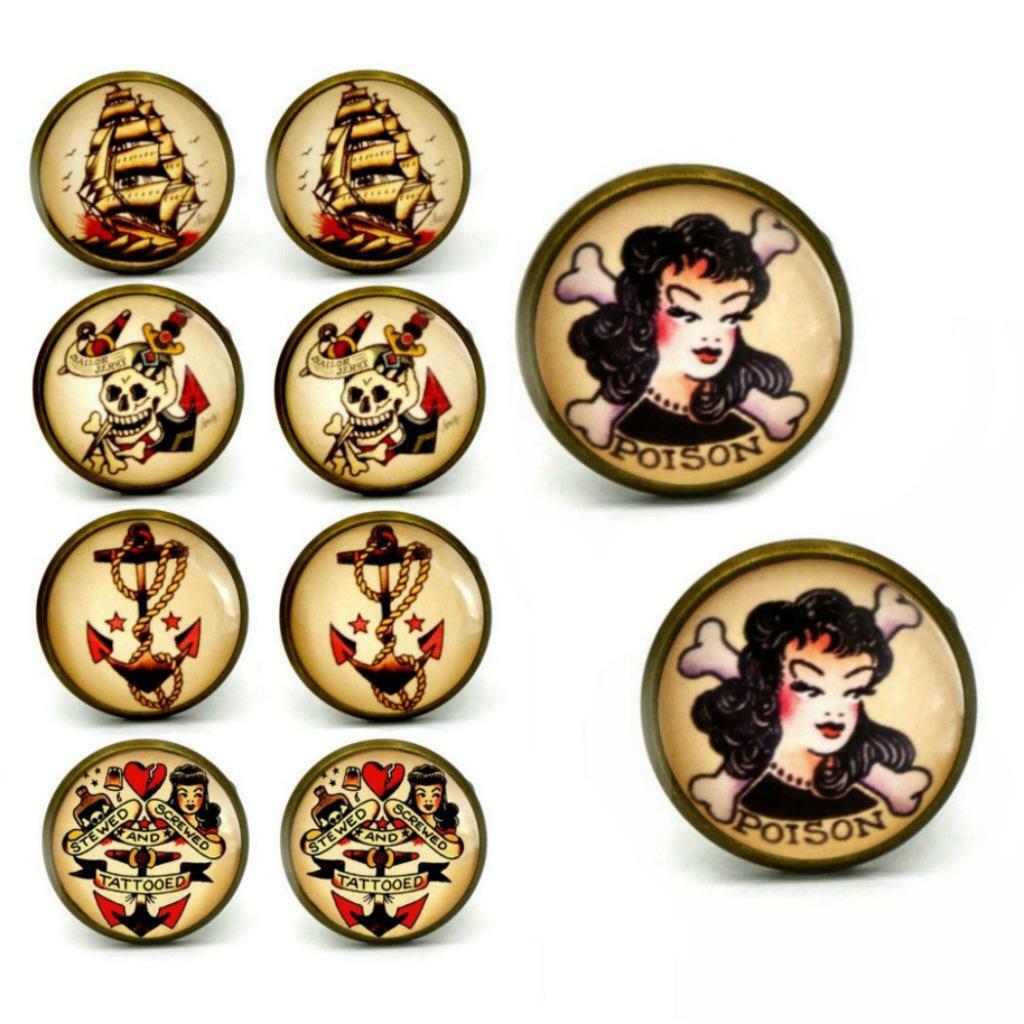 TATTOO ART CUFFLINKS Sailor Jerry Inspired Retro Navy Rockabilly Nautical Pinup