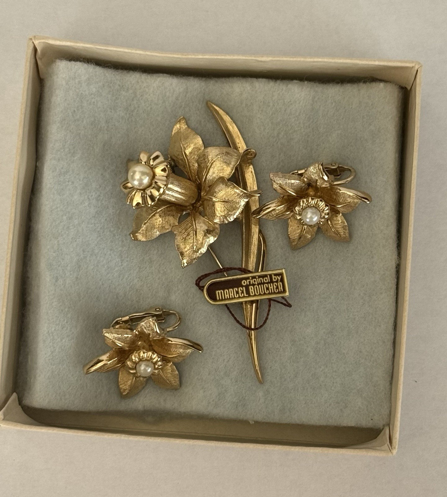 Vintage 1964 Marcel Boucher Jonquil Daffodil Brooch Earring Set Box Tags 8692