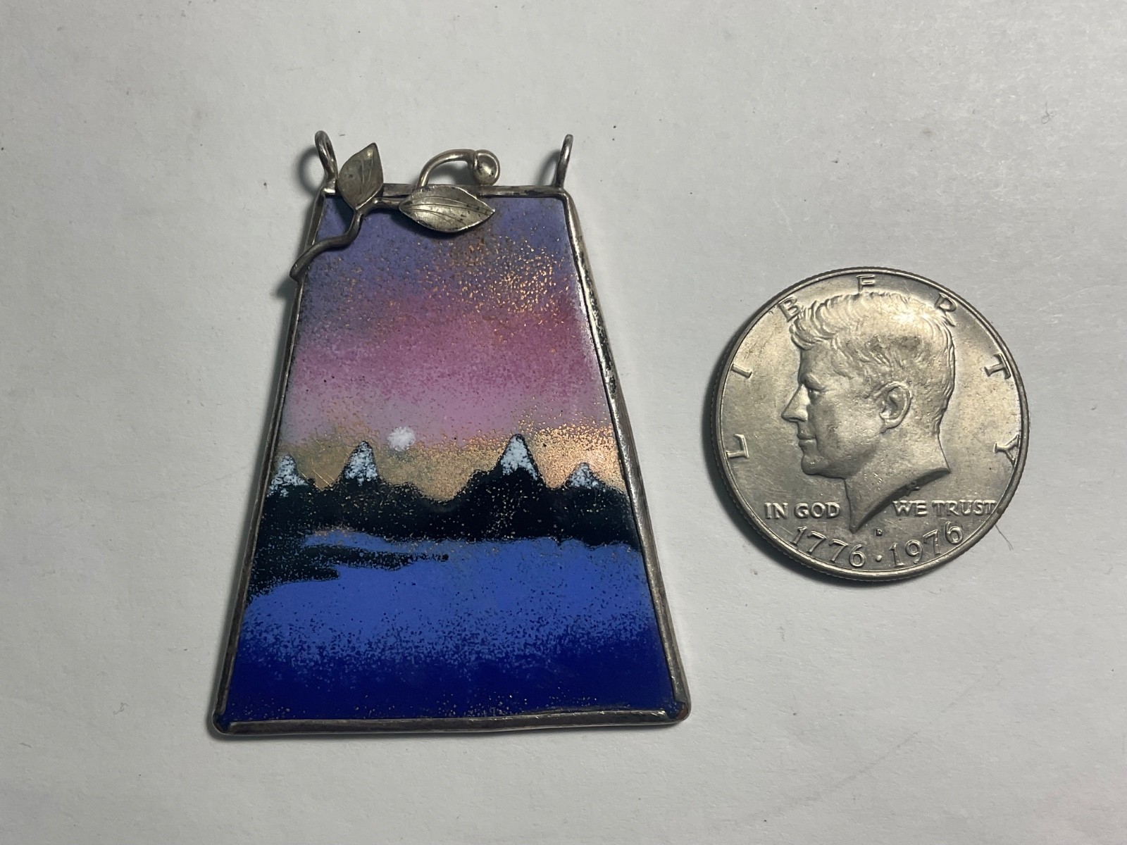 Rare Sterling Floral Mountain View Enamel Pendant Signed Rev. Kathleen Beauty