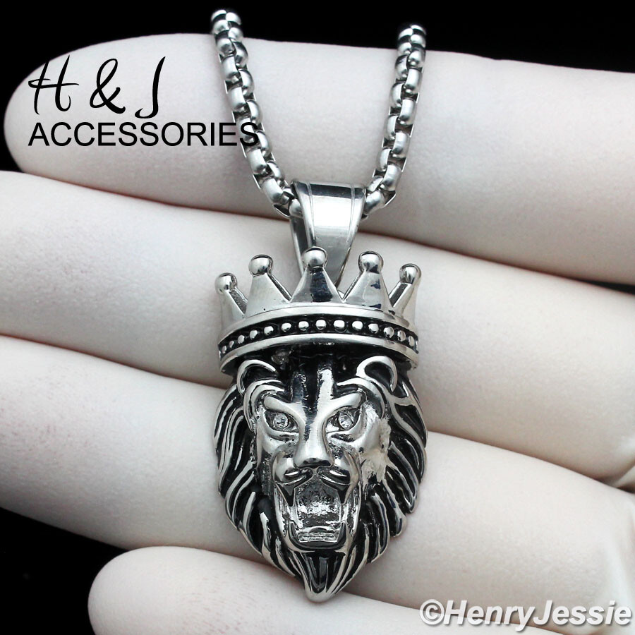 18″-36″MEN Stainless Steel 3mm Silver Box Link Chain ICY CZ 3D Lion Pendant*P145