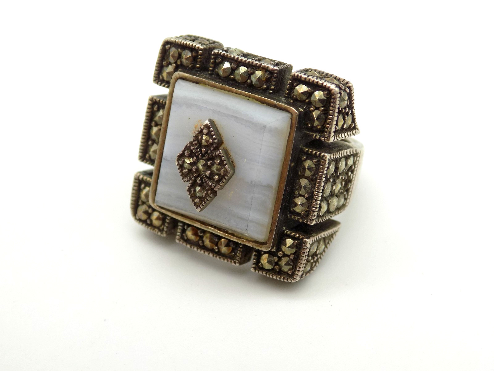 Art Deco Inspired Sterling Silver Blue Lace Agate Marcasite Ring Sz 6 Signed MLD