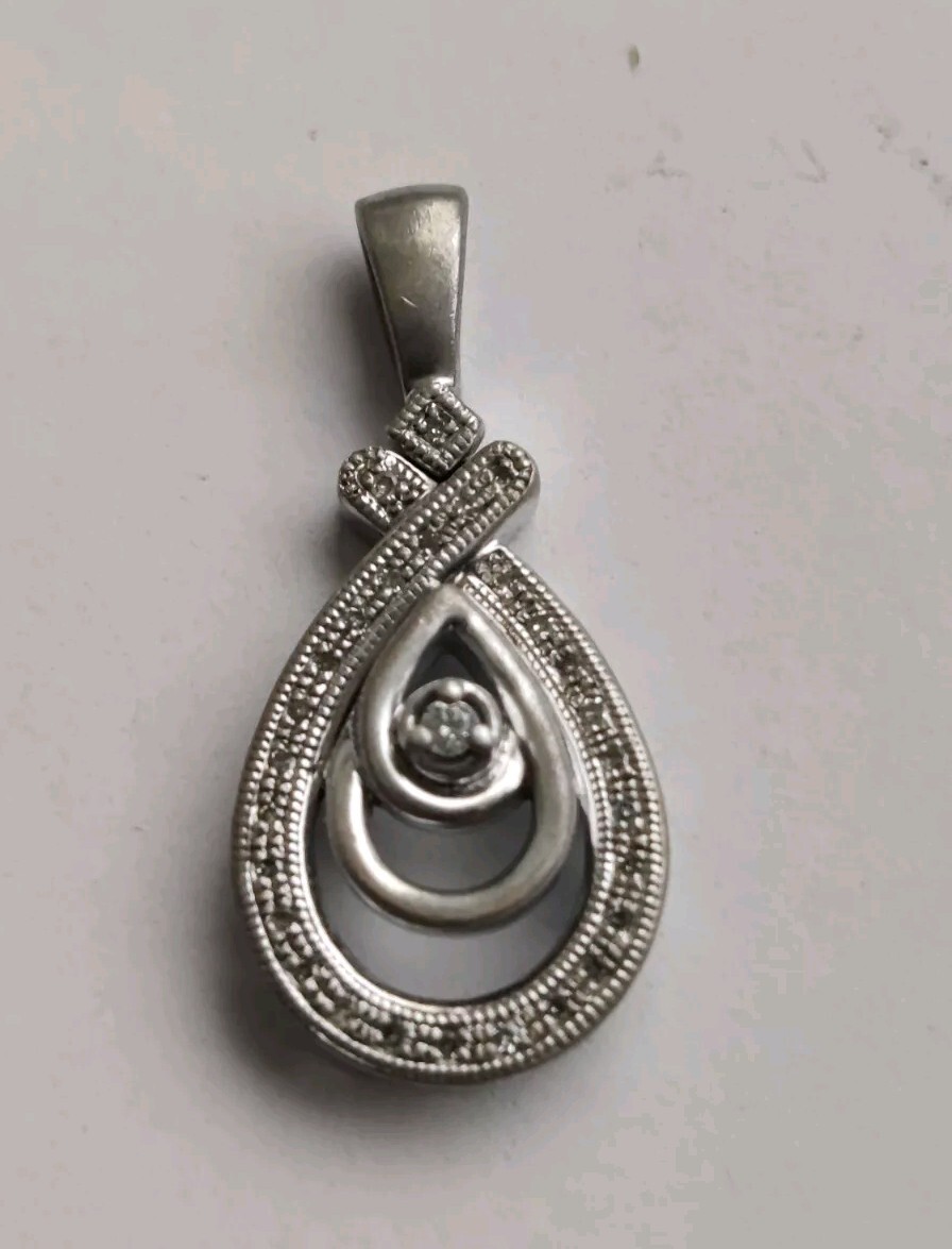 KSJ Sterling Silver 925 Diamond 1″ Pendant Teardrop Shaped