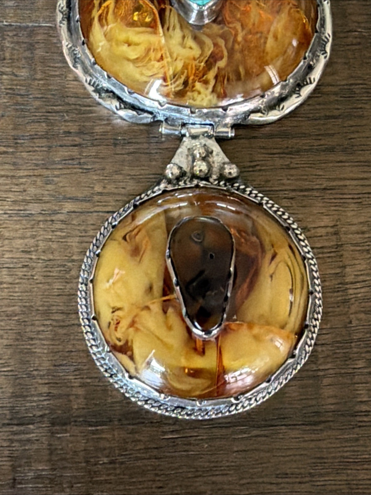 Vintage Native American Sterling Amber & Turquoise Pendant Beautiful Unique RARE