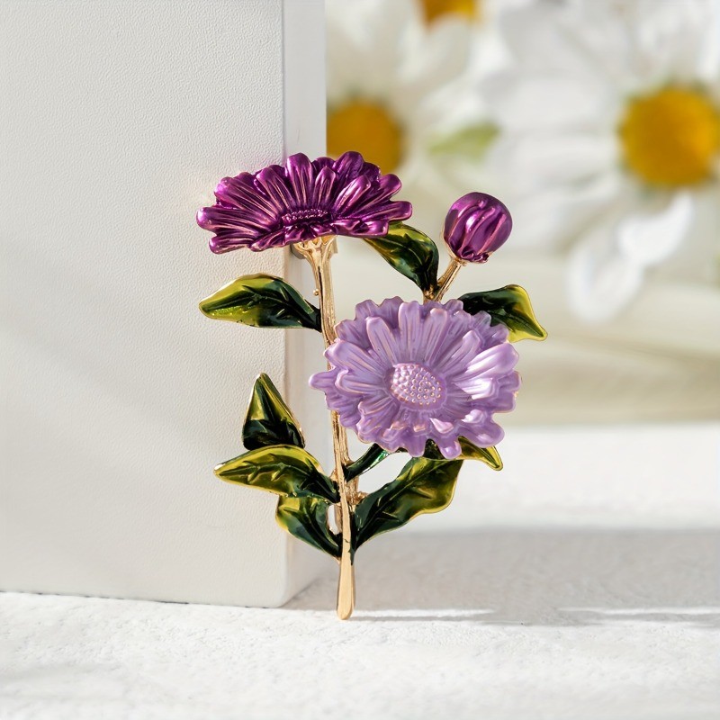 3P Elegant Vintage Gradient Daisy Brooches Green Leaf Anti-Slip Floral Pins