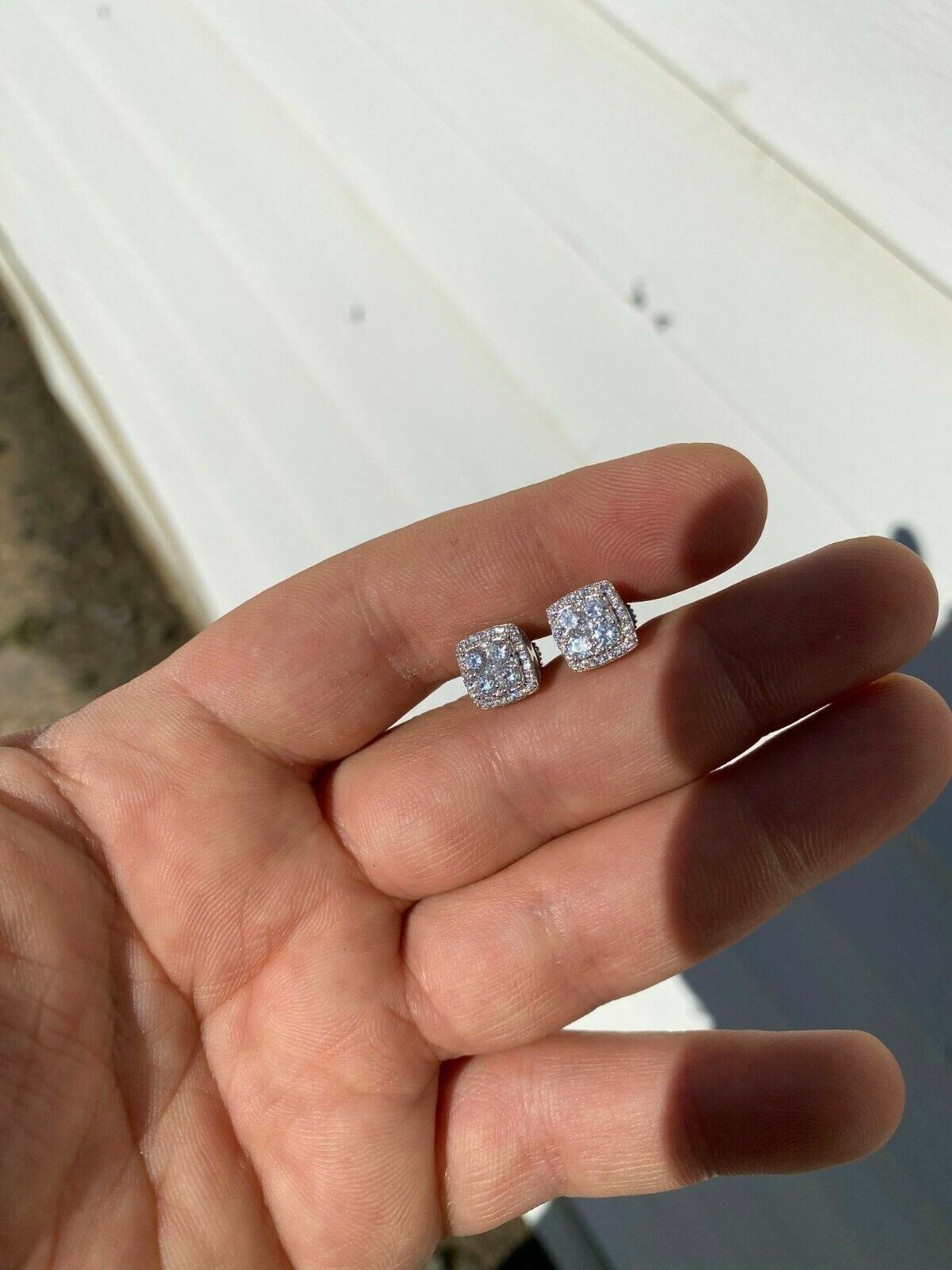 Real Solid 925 Sterling Silver Iced CZ Hip Hop Earrings Studs Square ICY Mens