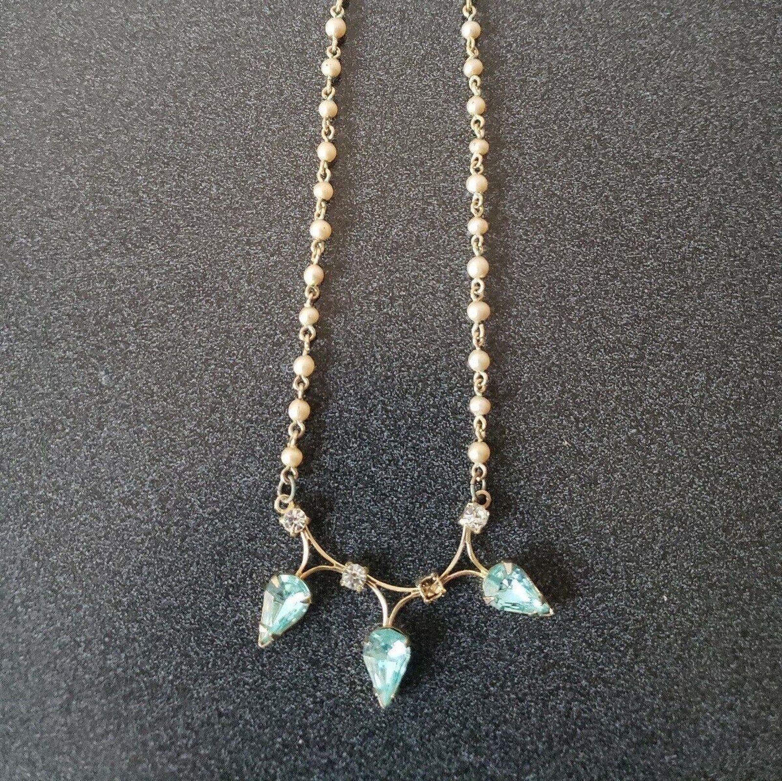 Aquamarine Tear Drop Rhinestones & Faux Pearl Necklace Vintage Fashion Jewelry