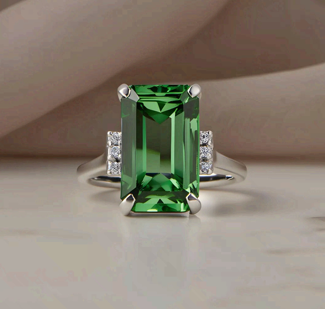 Green Emerald Cut Ring Surgical Steel Cocktail Statement Cubic Zirconia