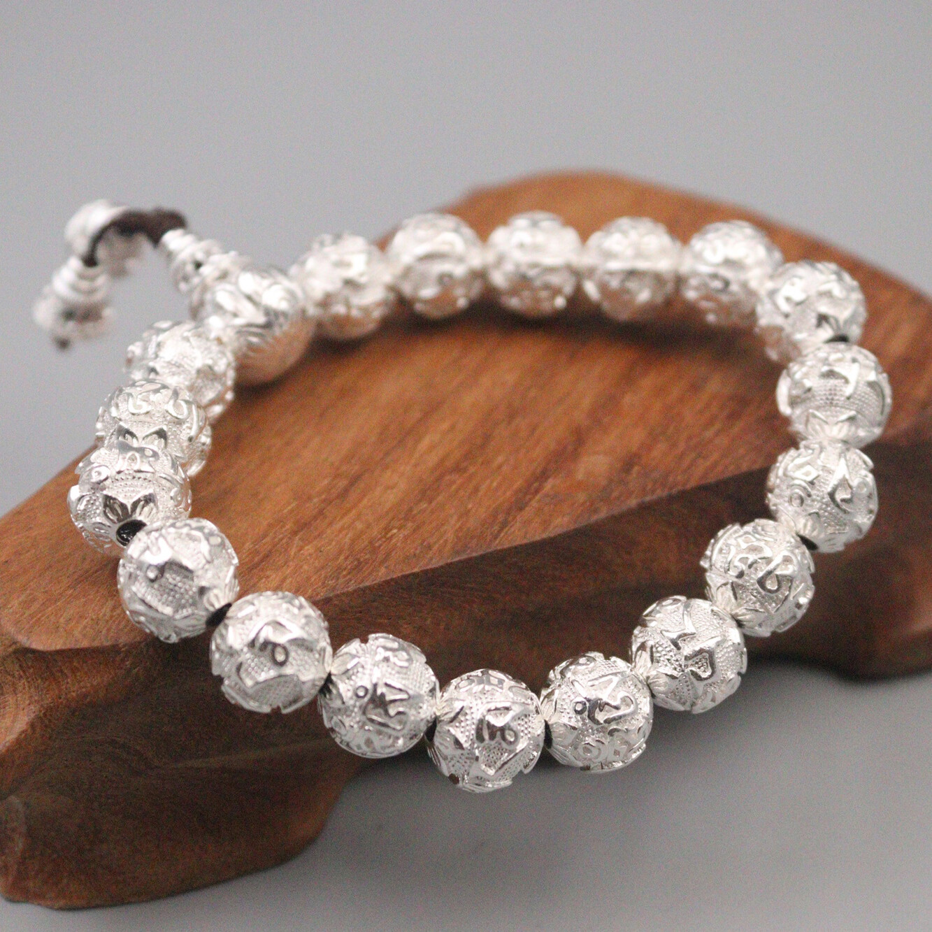 Pure Silver Bracelet For Men Women Sutra Mantra Lucky 10mm Beaded Bracelet
