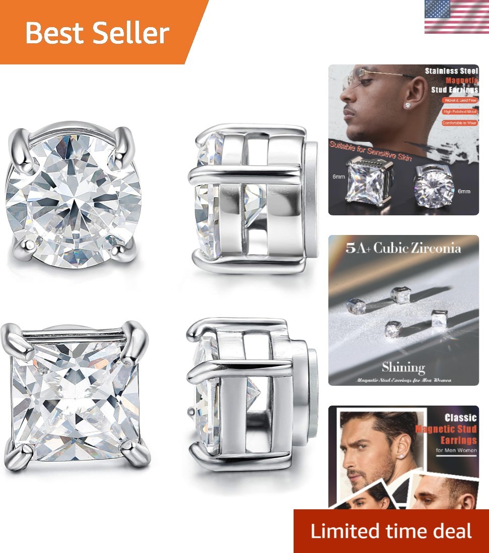 2 Pairs Stylish Non-Pierced Magnetic Earrings – Hypoallergenic Stainless Steel