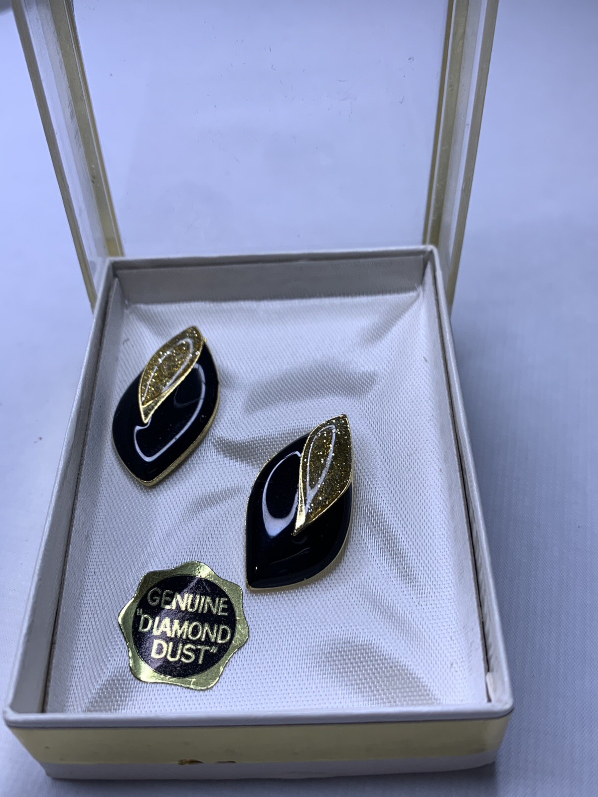 genuine diamond dust earrings new old stock never worn pierced Black gold tone
