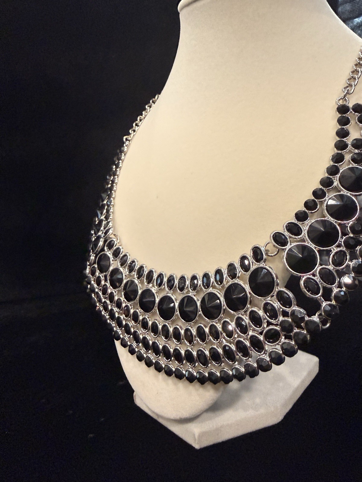 Black Round Crystal Multi-Row Statement Collar Necklace Silver Plated Lobster