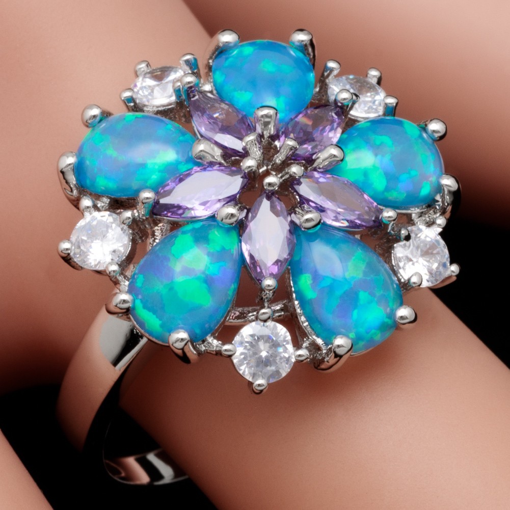 Simulated Amethyst 5×7 Blue Fire Opal CZ Silver Jewelry Cluster Ring Size 7 8 9