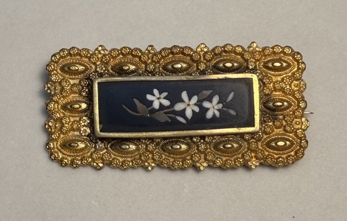 Victorian 9k Gold Plated Pietra Dura Brooch
