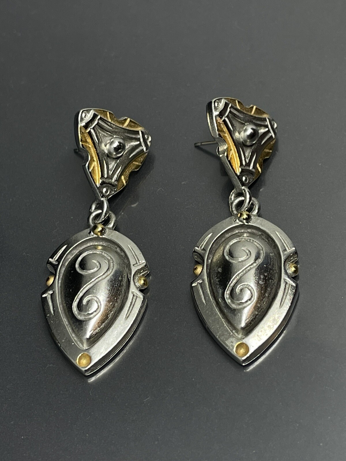JK Signed Jewel Kade Gold Silver Tone Finish Ornate 1.8” Dangle Post Earrings