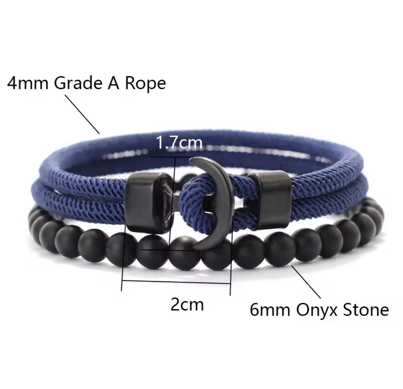 2pcs Men’s Bracelets with 4mm Cord and Onyx Beads, Unisex, Women, 20cm